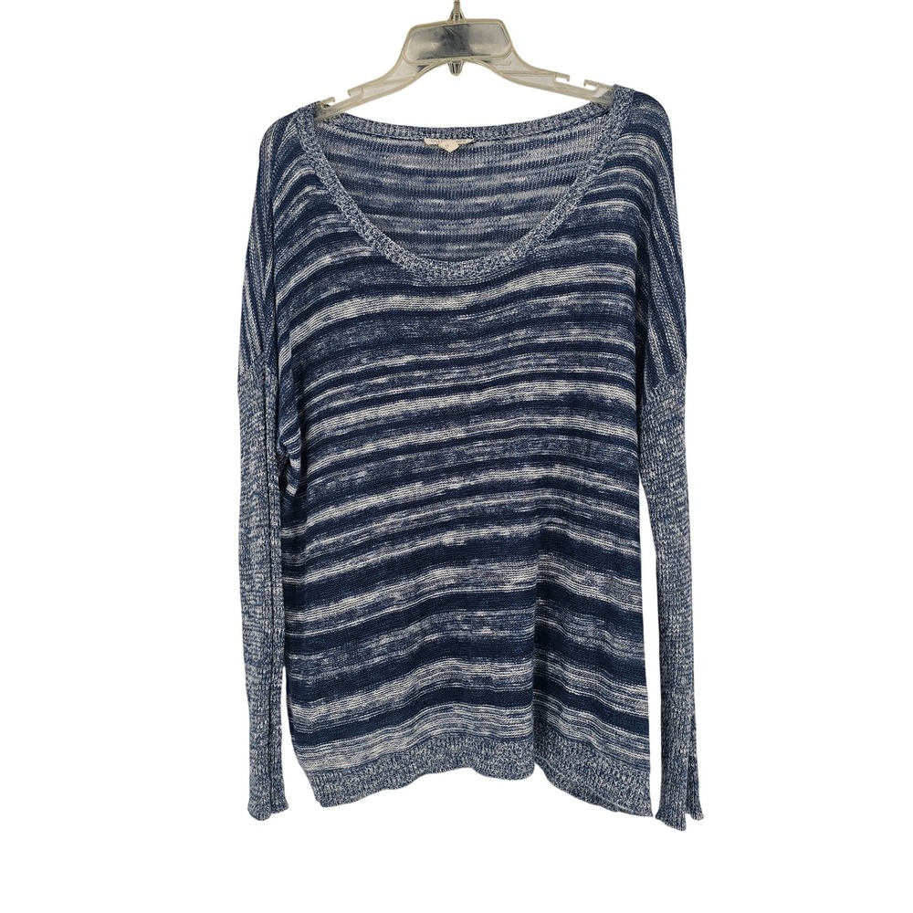 Eileen Fisher Organic Linen Cotton Slub Knit Sweater M Blue Stripe Scoop Coastal